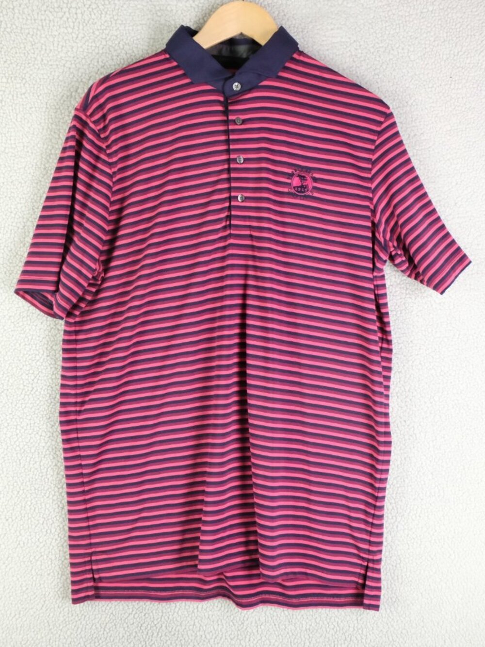 Grayson Polo Mens Large Pink Blue Striped Short Sleeve Performance Golf Athletic